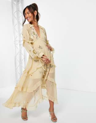 ASOS DESIGN - Vestito midi svasato con decori a grappolo, colore oro