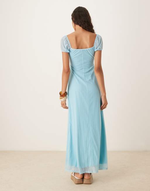 ASOS DESIGN - Vestito midi testurizzato in rete blu con incrocio sul davanti e maniche a sbuffo, 4 di 4