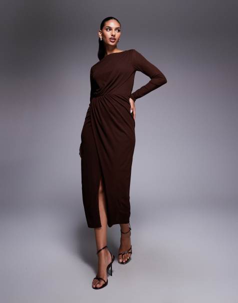 ASOS DESIGN - Vestito midi testurizzato in rete color cioccolato a maniche lunghe con spacco sul davanti - view 1