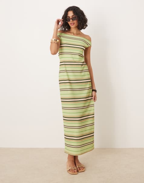 ASOS DESIGN - Vestito midi verde a righe con spalla scesa attorcigliata - view 1
