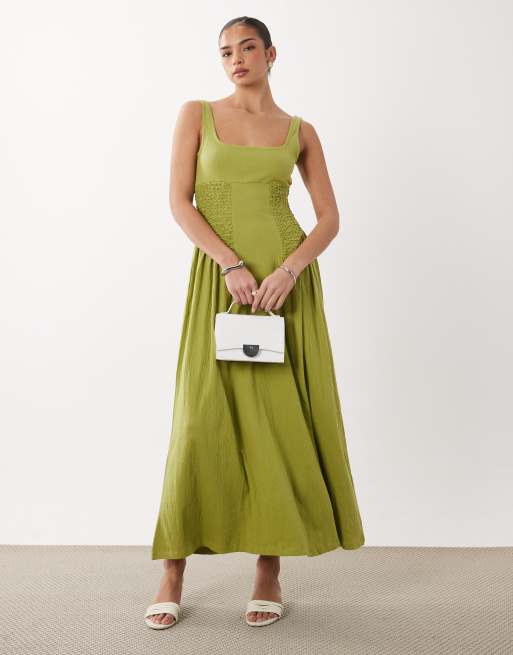 ASOS DESIGN - Vestito midi verde agrumi in tessuto stropicciato con scollo squadrato e pannelli, 2 di 4