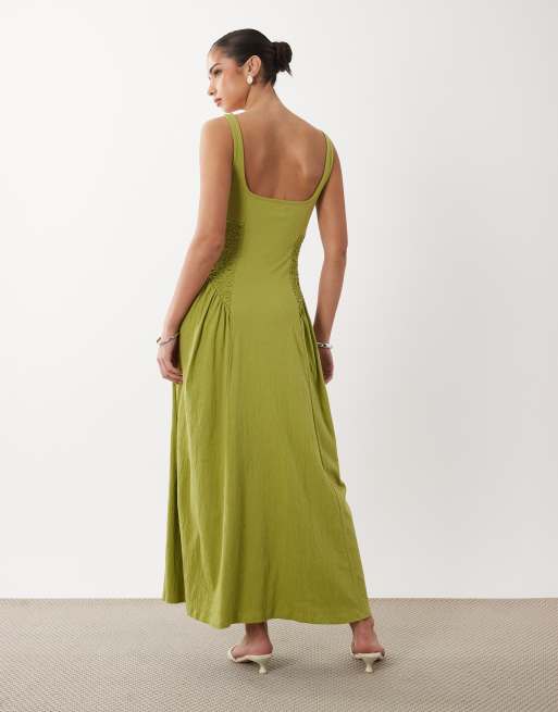 ASOS DESIGN - Vestito midi verde agrumi in tessuto stropicciato con scollo squadrato e pannelli, 3 di 4