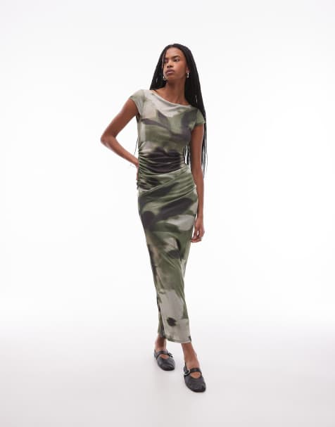 ASOS DESIGN - Vestito midi verde con stampa astratta floreale e maniche ad aletta - view 1