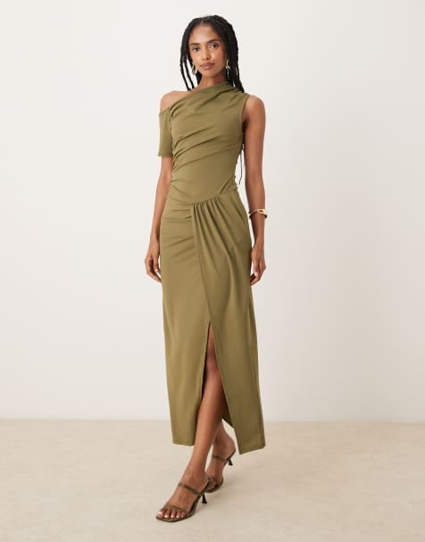 ASOS DESIGN - Vestito midi verde oliva con dettaglio attorcigliato e spalla scivolata - view 1