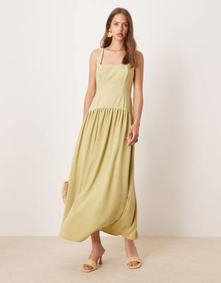 ASOS DESIGN - Vestito midi verde oliva con scollo squadrato e vita scesa - view 1