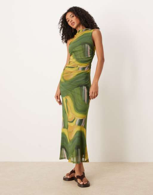 ASOS DESIGN - Vestito midi verde stampato in rete con dettaglio intagliato