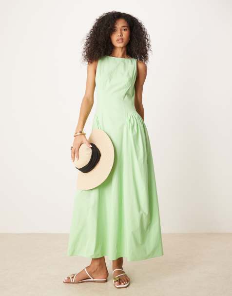 ASOS DESIGN - Vestito midi verde stretto in vita con scollo a barchetta - view 1