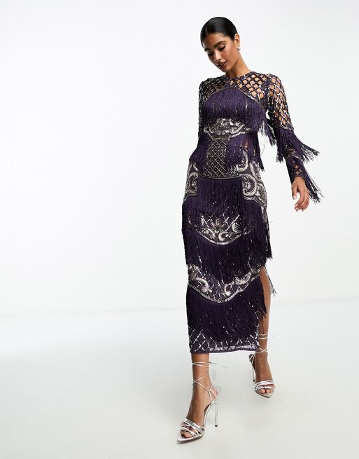 ASOS DESIGN - Vestito midi viola con dettagli in rete e frange