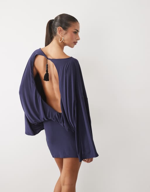 ASOS DESIGN vestito mini a maniche a pipistrello con schiena scoperta e dettaglio con frange e nappine, navy, 4 di 4