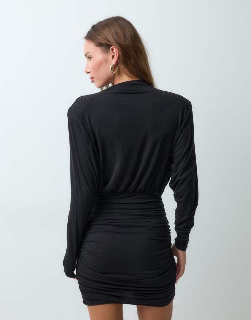 ASOS DESIGN vestito mini blouson nero a maniche lunghe, collo alto e spalline imbottite, 4 di 4