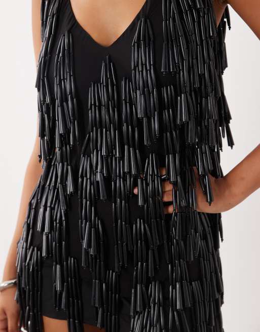 ASOS DESIGN vestito mini cami con scollo profondo e perline grosse nero, 3 di 4