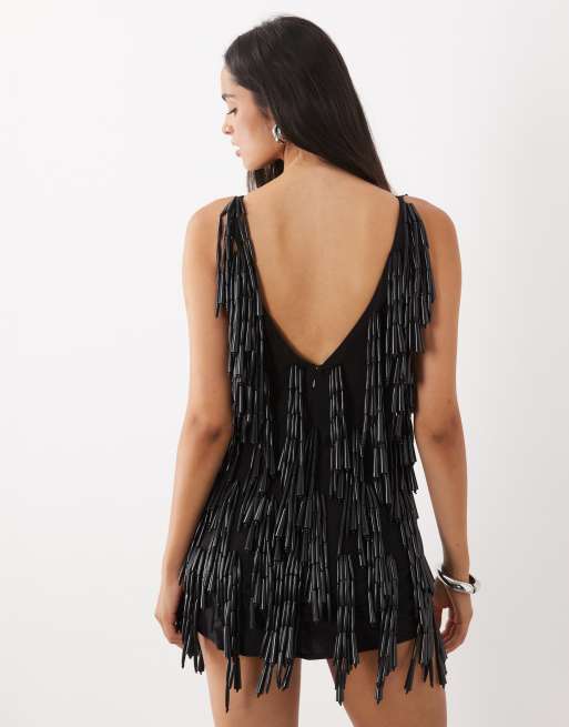 ASOS DESIGN vestito mini cami con scollo profondo e perline grosse nero, 4 di 4
