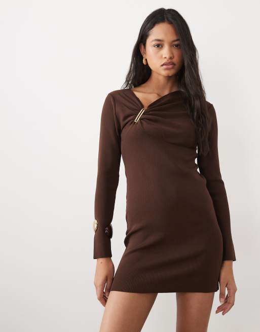 ASOS DESIGN vestito mini in maglia con dettaglio nodo, marrone cioccolato, 2 di 4