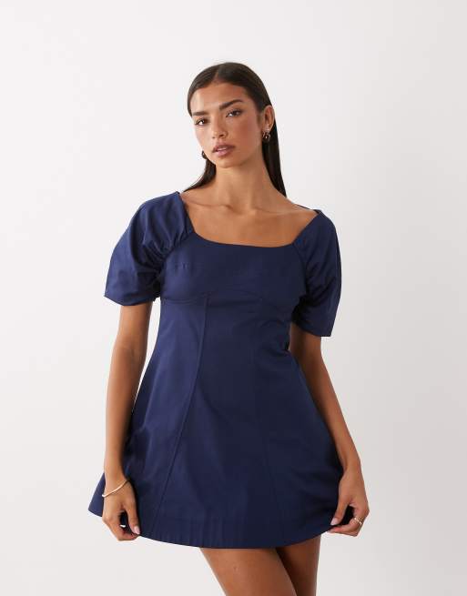 ASOS DESIGN vestito mini strutturato in cotone con scollo quadrato e cinturino posteriore navy, 2 di 4
