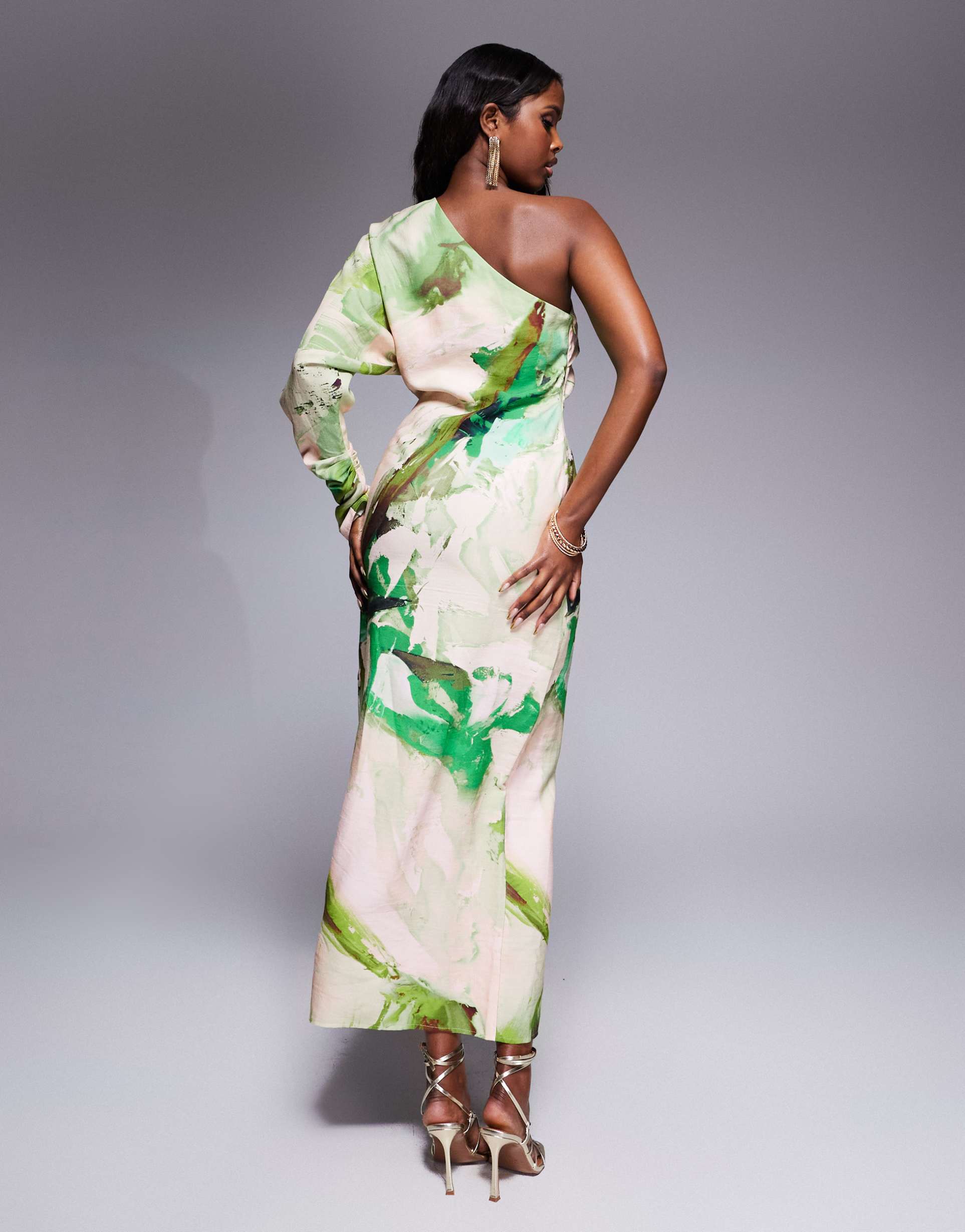 ASOS DESIGN: Vestito Verde Monospalla con Stampa Astratta e Gonna a Polpaccio