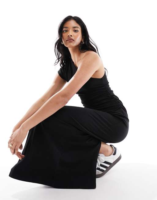 ASOS DESIGN - Vestito nero monospalla con gonna al polpaccio e arricciatura laterale, 2 di 4