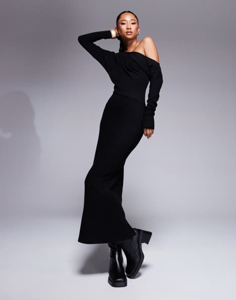 ASOS DESIGN - Vestito nero soffice extra largo con spalle scivolate e gonna al polpaccio - view 1