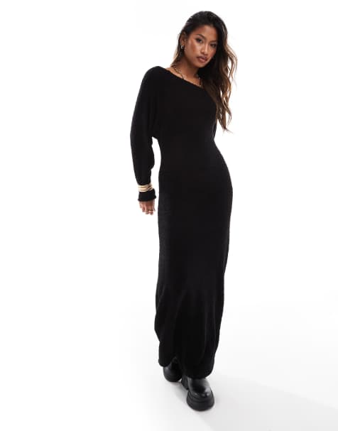 ASOS DESIGN - Vestito nero soffice morbidissimo con spalle scivolate e gonna al polpaccio - view 1