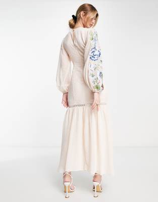 Vestito peplo lungo color crema plumetis con ricamo a fiori-Arancione - ASOS DESIGN  donna Arancione - immagine2