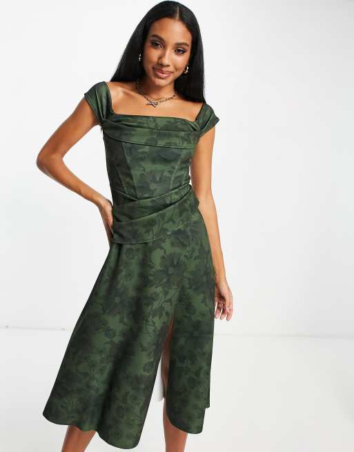 ASOS DESIGN - Vestito per il ballo di fine anno morbido con scollo Bardot verde a fiori sfumato