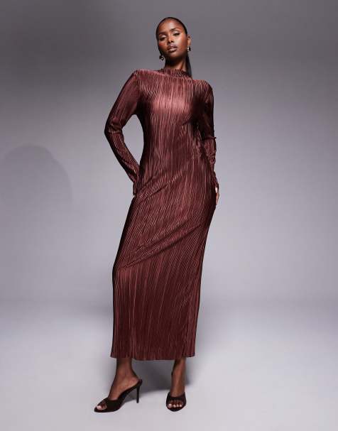 ASOS DESIGN - Vestito plissé a maniche lunghe allacciato sul retro color cioccolato - view 1