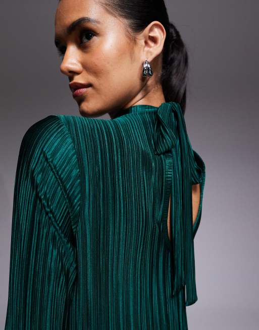 ASOS DESIGN - Vestito plissé a maniche lunghe allacciato sul retro verde scuro, 4 di 4