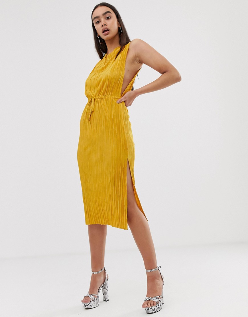 ASOS DESIGN - vestito plissettato midi con coulisse in vita-giallo