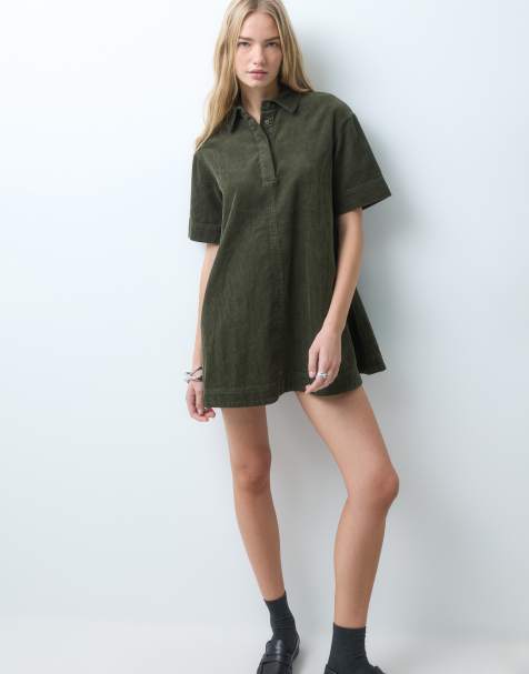 ASOS DESIGN vestito polo corto in corduroy verde oliva - view 1