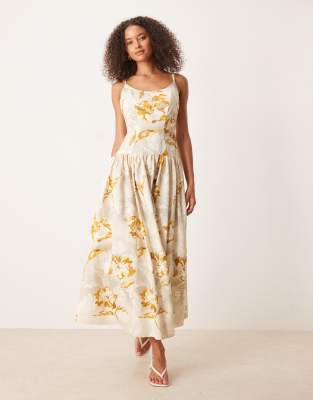 ASOS DESIGN - Vestito premium midi giallo a fiori con vita scesa e spalline sottili con dettaglio cucitura - view 1