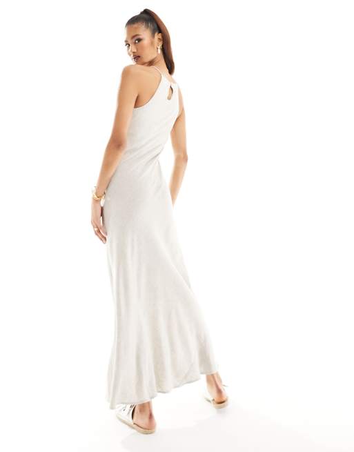 ASOS DESIGN - Vestito prendisole lungo in lino color avena con scollo all'americana, 2 di 4