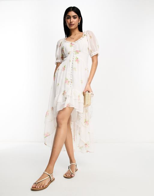 ASOS DESIGN - Vestito rosa a fiori con bottoni, fondo asimmetrico e volant in pizzo