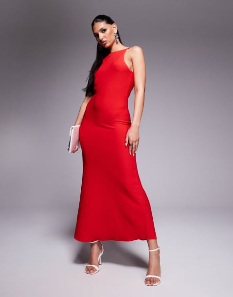 ASOS DESIGN - Vestito rosso in maglia compatta con spalline sottili e gonna al polpaccio - view 1