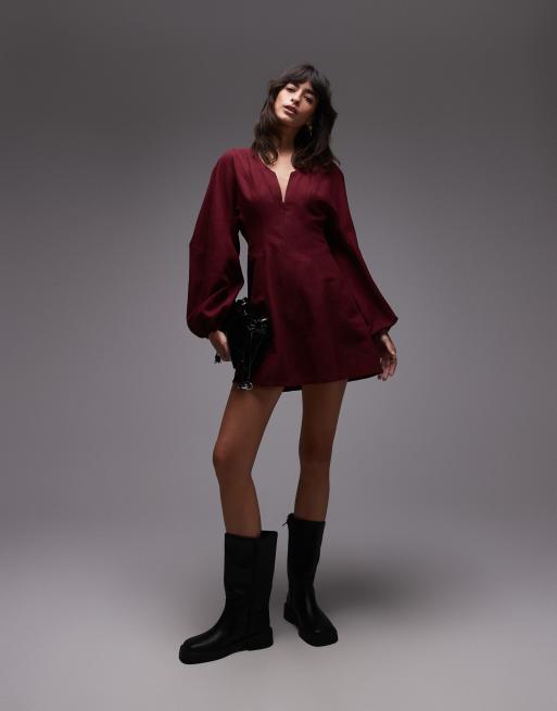 ASOS DESIGN - Vestito skater corto bordeaux strutturato con maniche a palloncino, 3 di 4
