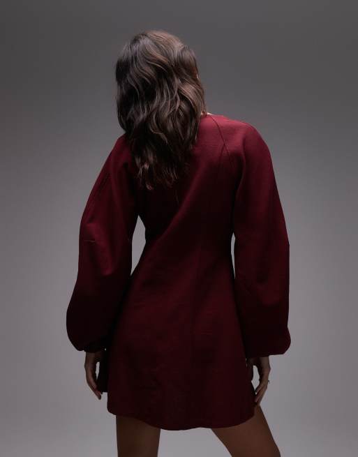 ASOS DESIGN - Vestito skater corto bordeaux strutturato con maniche a palloncino, 4 di 4