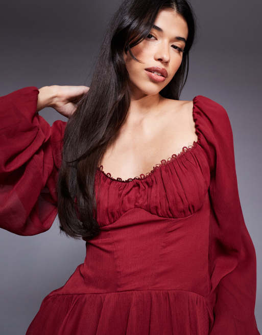 ASOS DESIGN - Vestito skater corto in chiffon con maniche a sbuffo e laccetti bordeaux, 3 di 4