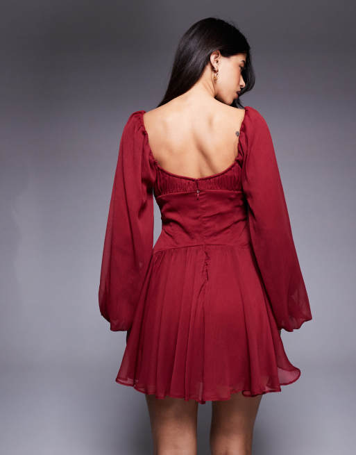 ASOS DESIGN - Vestito skater corto in chiffon con maniche a sbuffo e laccetti bordeaux, 4 di 4