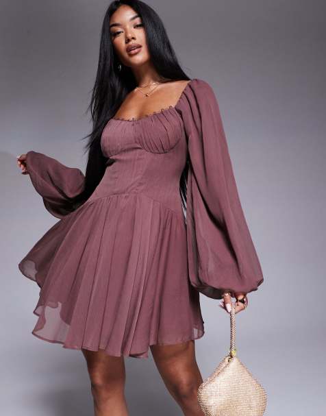 ASOS DESIGN - Vestito skater corto in chiffon con maniche a sbuffo e laccetti color mora - view 1