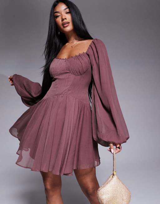 ASOS DESIGN - Vestito skater corto in chiffon con maniche a sbuffo e laccetti color mora