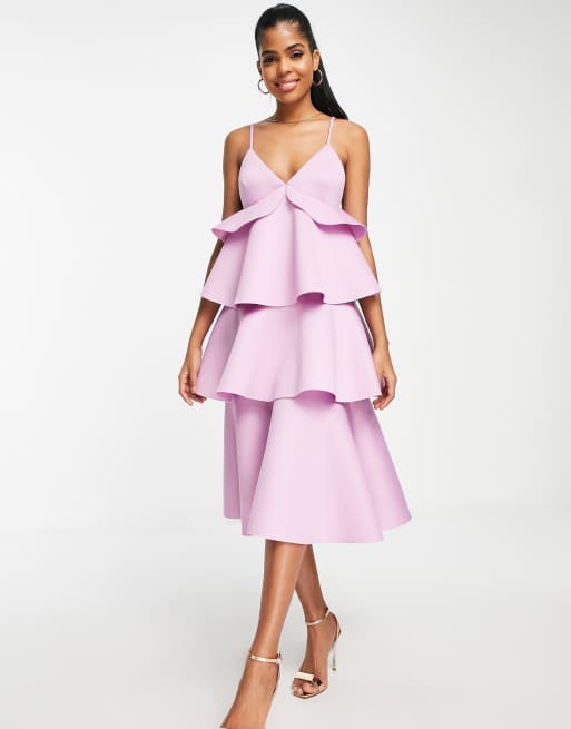 ASOS DESIGN - Vestito skater midi a balze con volant rosa pallido