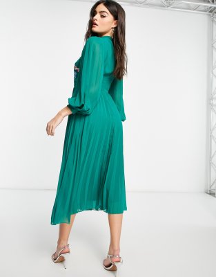 Vestito skater midi accollato e con maniche lunghe a pieghe verde bosco con ricami - ASOS DESIGN  donna Verde - immagine2