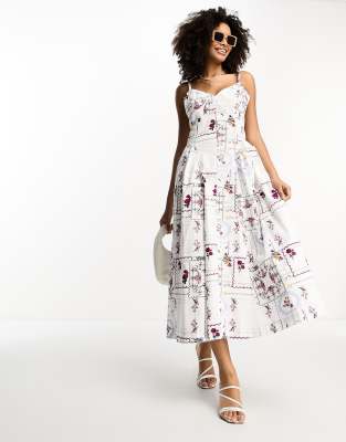 ASOS DESIGN - Vestito skater midi in cotone con stampa patchwork e dettaglio stile corsetto in vita