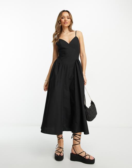 ASOS DESIGN - Vestito skater midi in cotone nero con vita scesa 