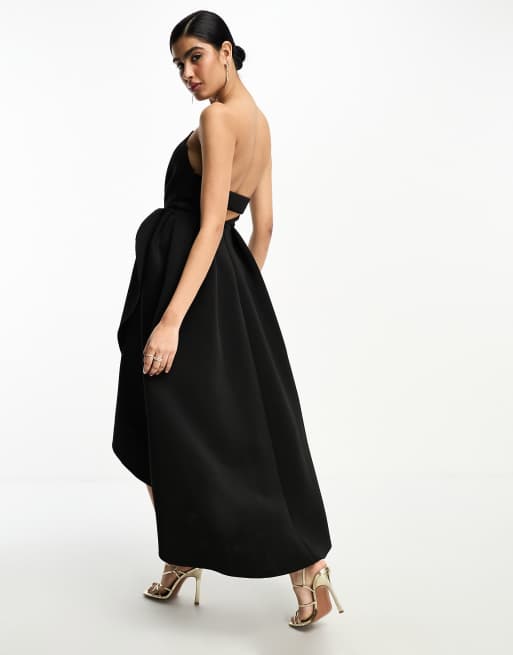 ASOS DESIGN - Vestito skater midi stile cocoon a fascia nero con scollo profondo, 4 di 4