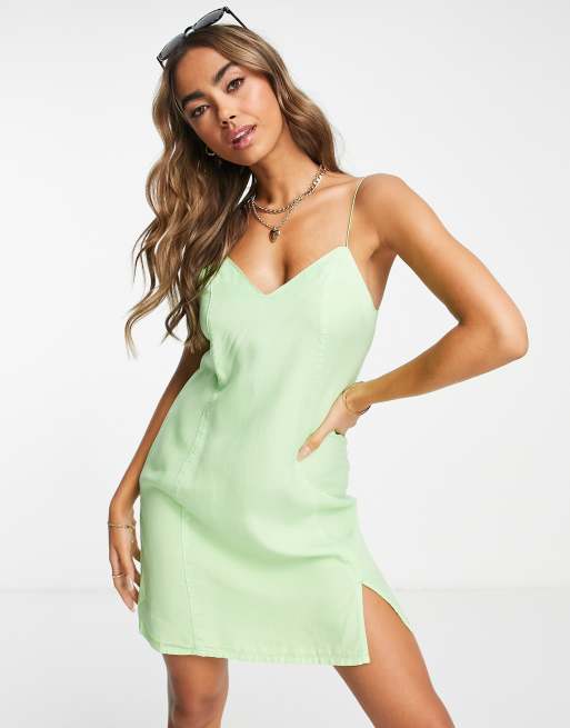 ASOS DESIGN - Vestito sottoveste con spalline sottili in morbido denim verde