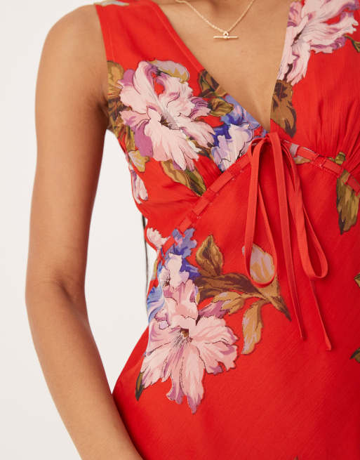 ASOS DESIGN - Vestito sottoveste corto rosso a fiori con bustino allacciato e scollo a V, 2 di 4