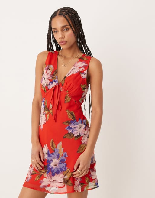 ASOS DESIGN - Vestito sottoveste corto rosso a fiori con bustino allacciato e scollo a V, 3 di 4