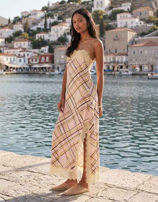 ASOS DESIGN - Vestito sottoveste lungo con spalline sottili e finiture in pizzo a quadri limone multicolore