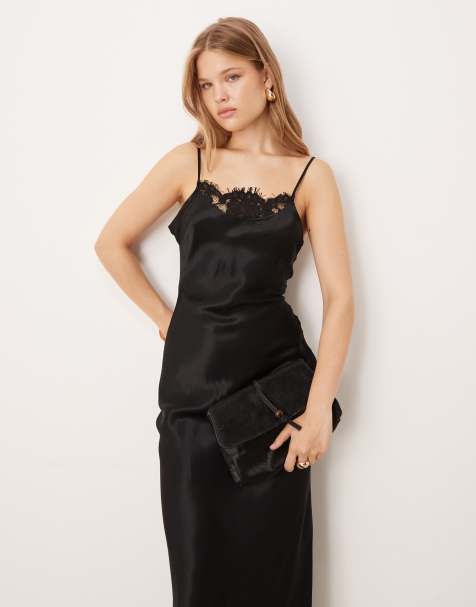 ASOS DESIGN - Vestito sottoveste lungo in raso nero con spalline sottili e finiture in pizzo - view 1