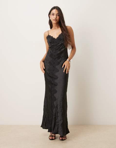 ASOS DESIGN - Vestito sottoveste lungo nero con bottoni sul davanti e dettagli in pizzo - view 1