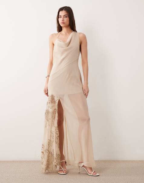 ASOS DESIGN - Vestito sottoveste lungo neutro ricamato con scollo asimmetrico - view 1